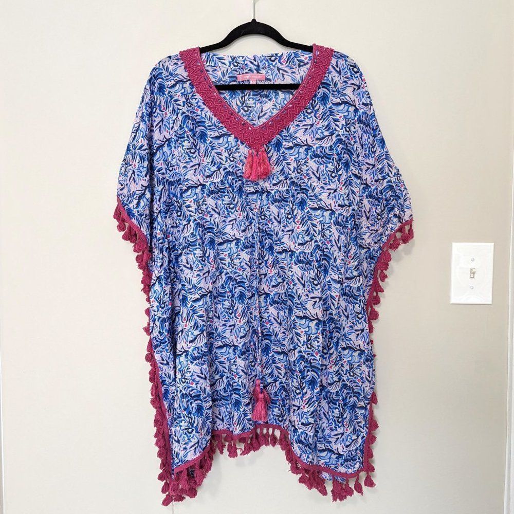 Simply Southern Pink Blue Tropical Leaves Tassel Trim Swimsuit Cover Up Dress